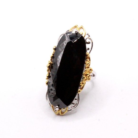 Sterling Silver Black Elongated CZ QVC Two Tone Statement Cocktail Ring - Picture 3 of 9